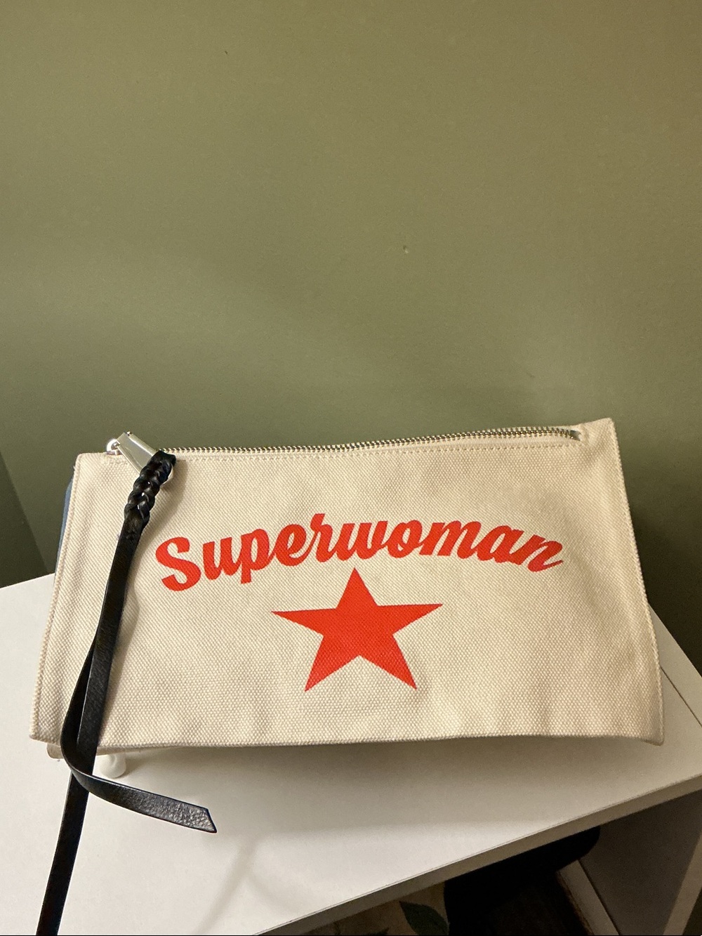 Rebecca Minkoff Cream Canvas Red 'Superwoman' Wristlet Clutch EUC